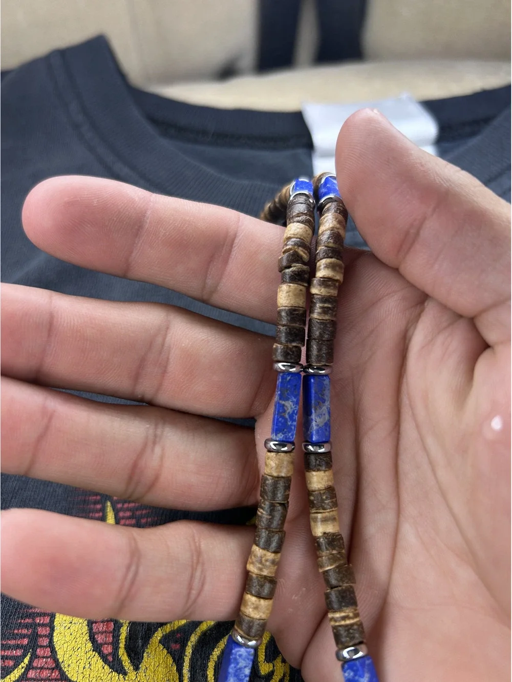 Handmade Beaded Necklace with Blue and Brown Accents N-13